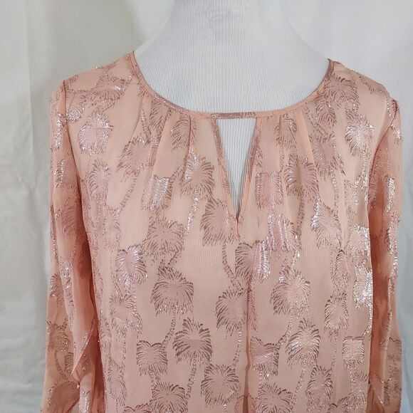 LILLY PULITZER Pink Becca Silk Metallic Palm Tree Split Sleeve Top Blouse Size M - Picture 4 of 13